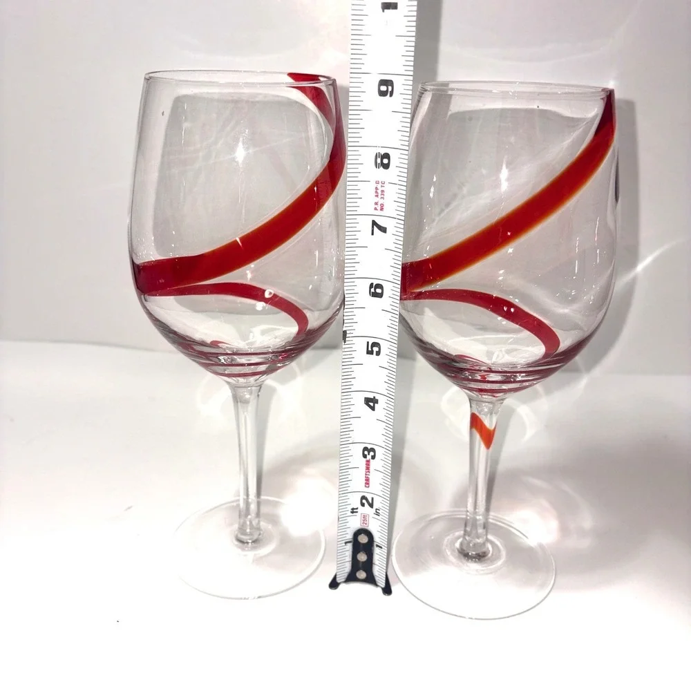 Pier 1 Import Cobalt Red Swirl Line Wine Goblet Glass 20oz Set of 2 Hand Blown